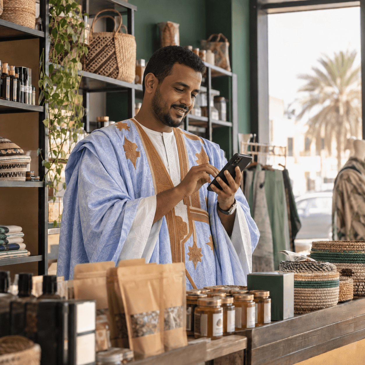 صاحب مشروع موريتاني يرتدي الدراعة ويستخدم هاتفه داخل متجره